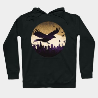 Raven over Baltimore Skyline T-Shirt: A Striking Cutout Tribute in Purple, Black, and Gold Hoodie